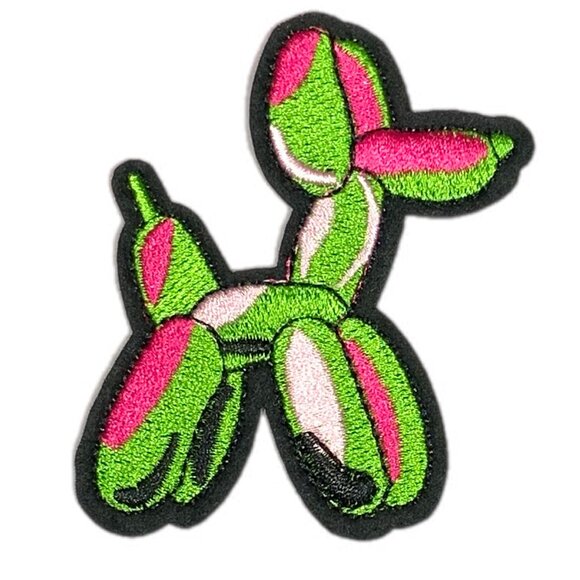 Balloon Dog Embroidered Patch Green Pink Fuchsia Black Iron On - Picture 2 of 4